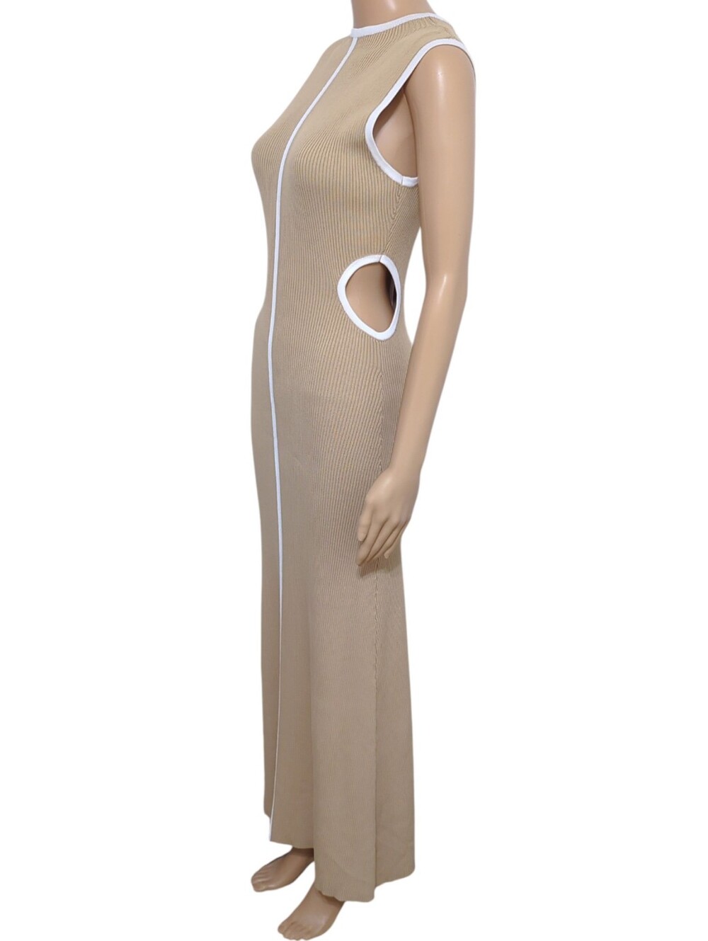 DISSH Binding Wheat Knit Midi Dress Cutout Beige White Piping M Minimalist - Picture 3 of 10